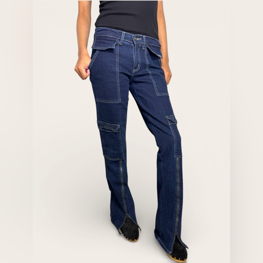 Baby Phat Y2k Baggy Cargo Vintage Jeans Size 5 Junior Dark Wash Zipper Slip Leg